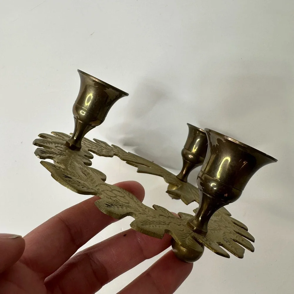 Vintage Brass Christmas Wreath Candelabra 3‎ Cup Candle Holder Holly Leaf Bow
